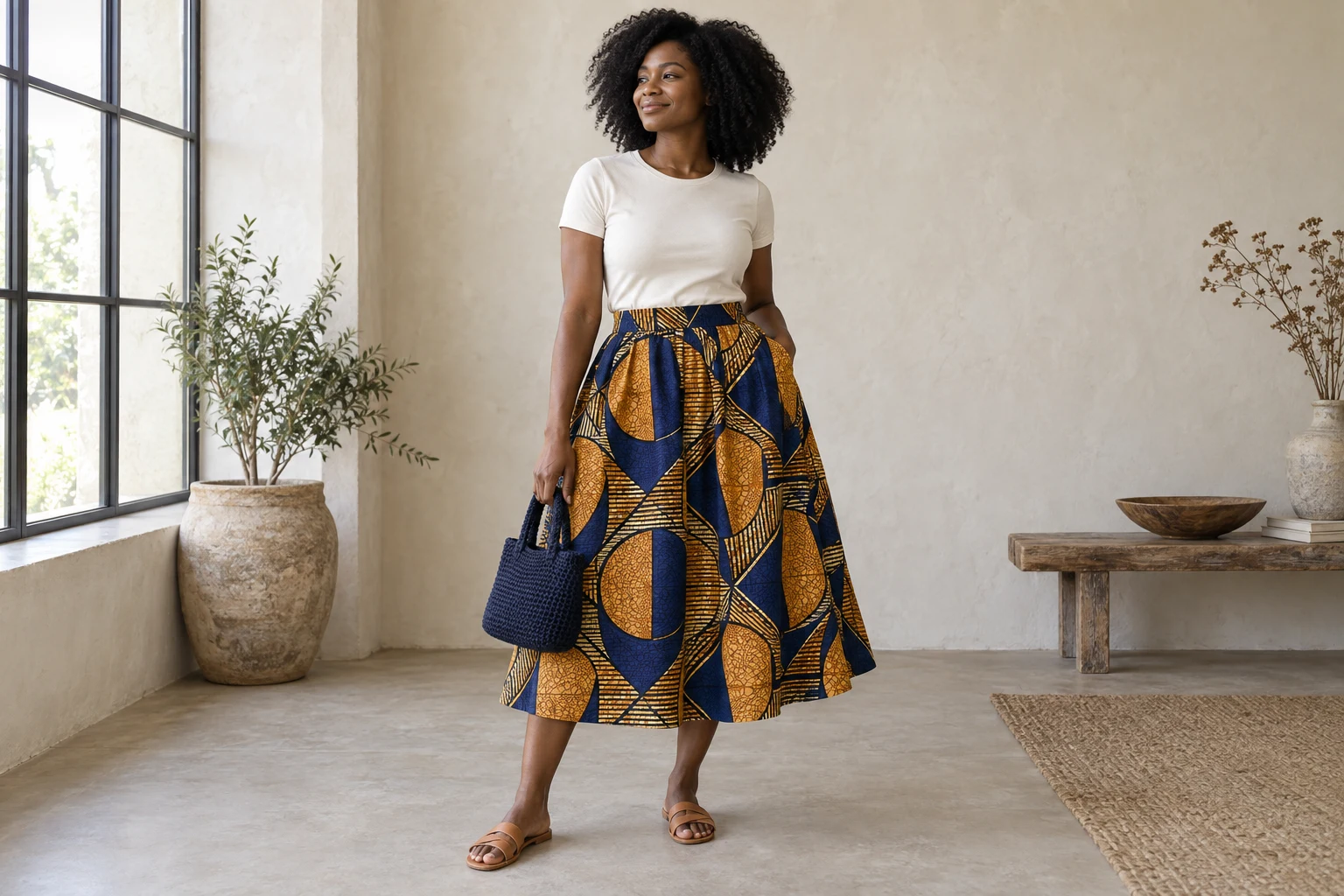 Jupe wax bleu marine et ocre portée avec un tee-shirt écru et un petit sac au crochet marine