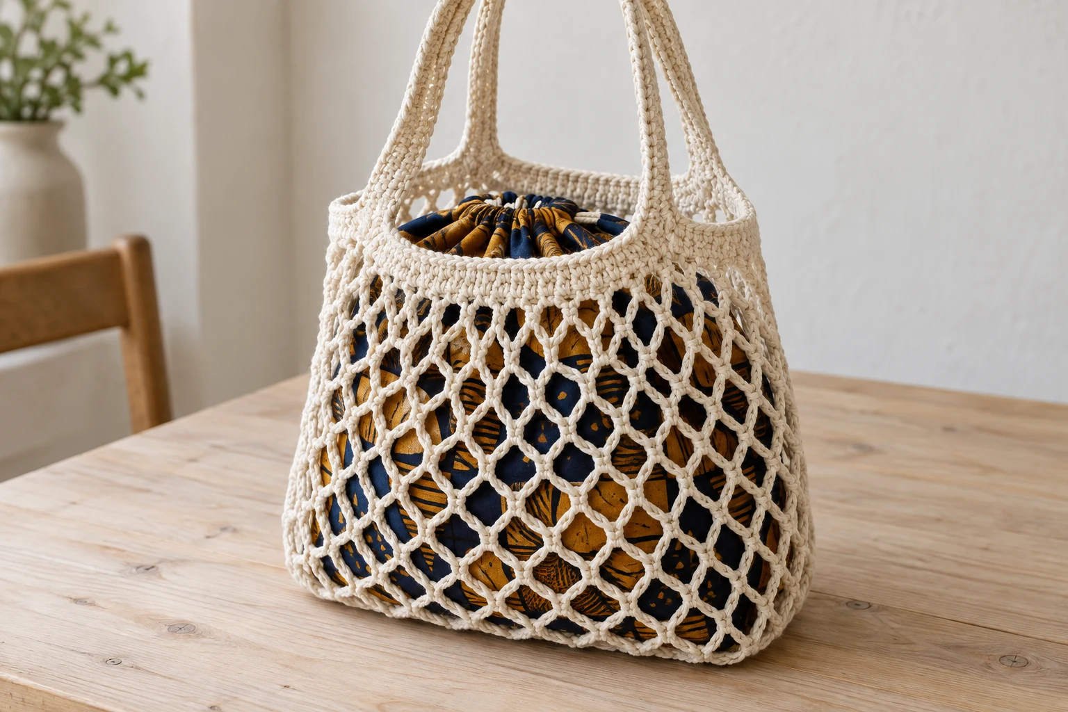 Pochon wax bleu marine et ocre visible derrière les mailles d’un sac filet écru