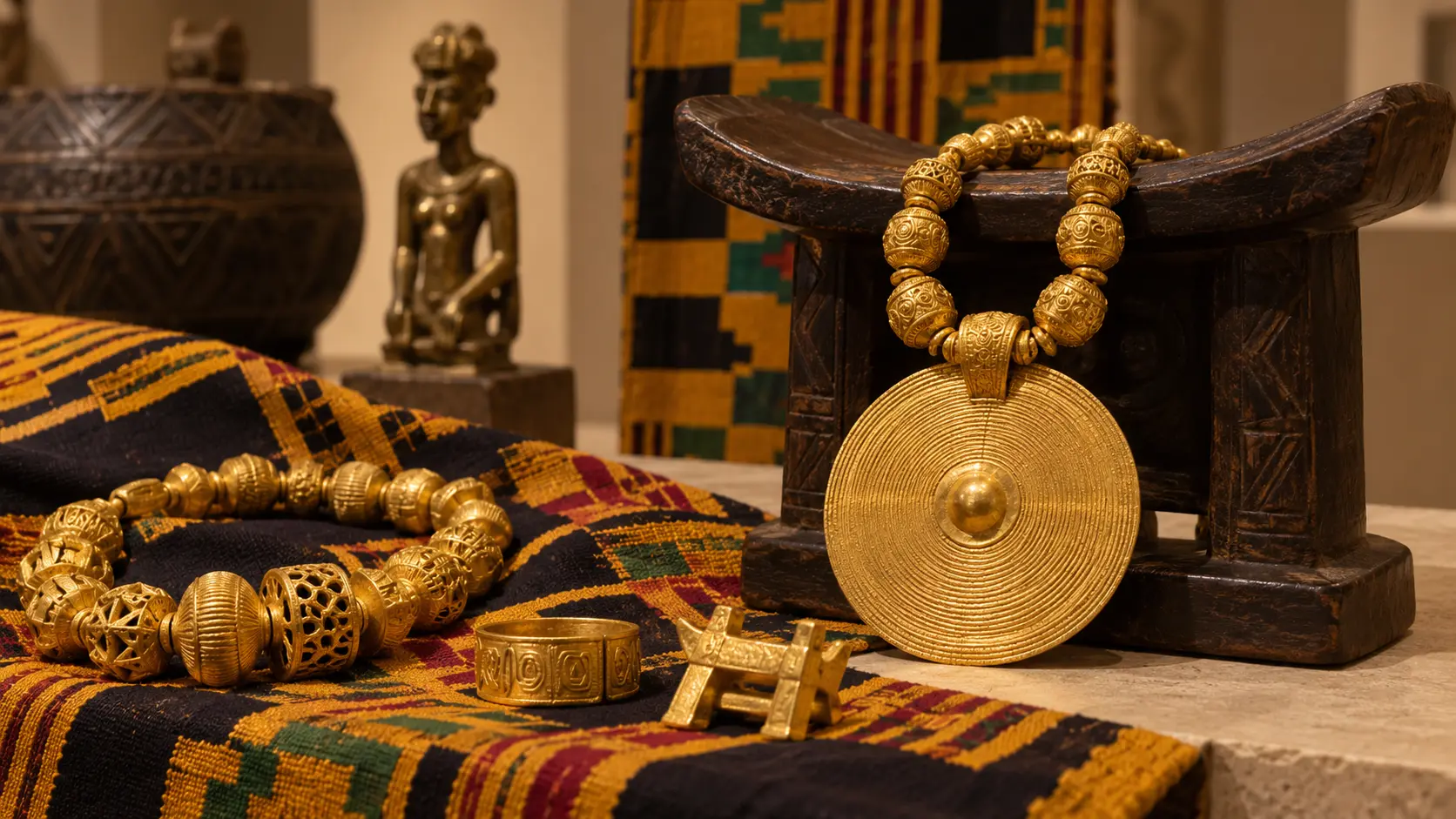 Bijoux en or présentés avec un textile akan dans un décor de musée