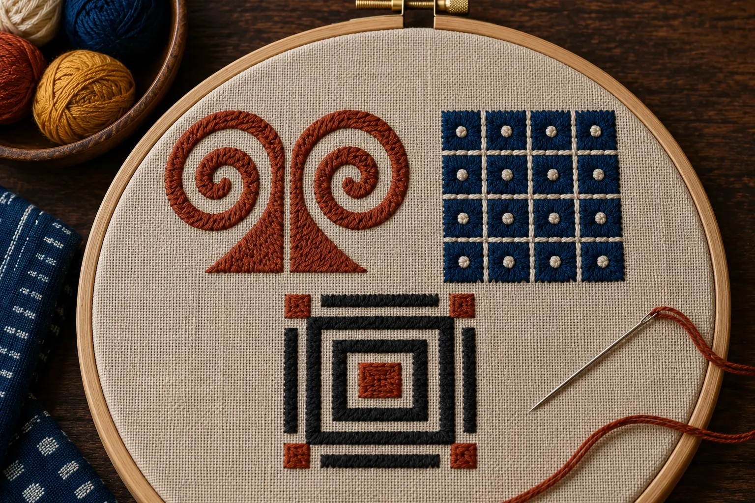 Trois échantillons géométriques brodés en fils terre cuite, indigo et noir sur une toile de lin